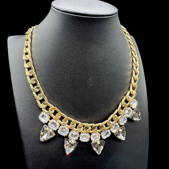Statement Gold Tone Necklace Links Chain & Clear and Smokey Grey Glass Stones - Picture 1 of 5